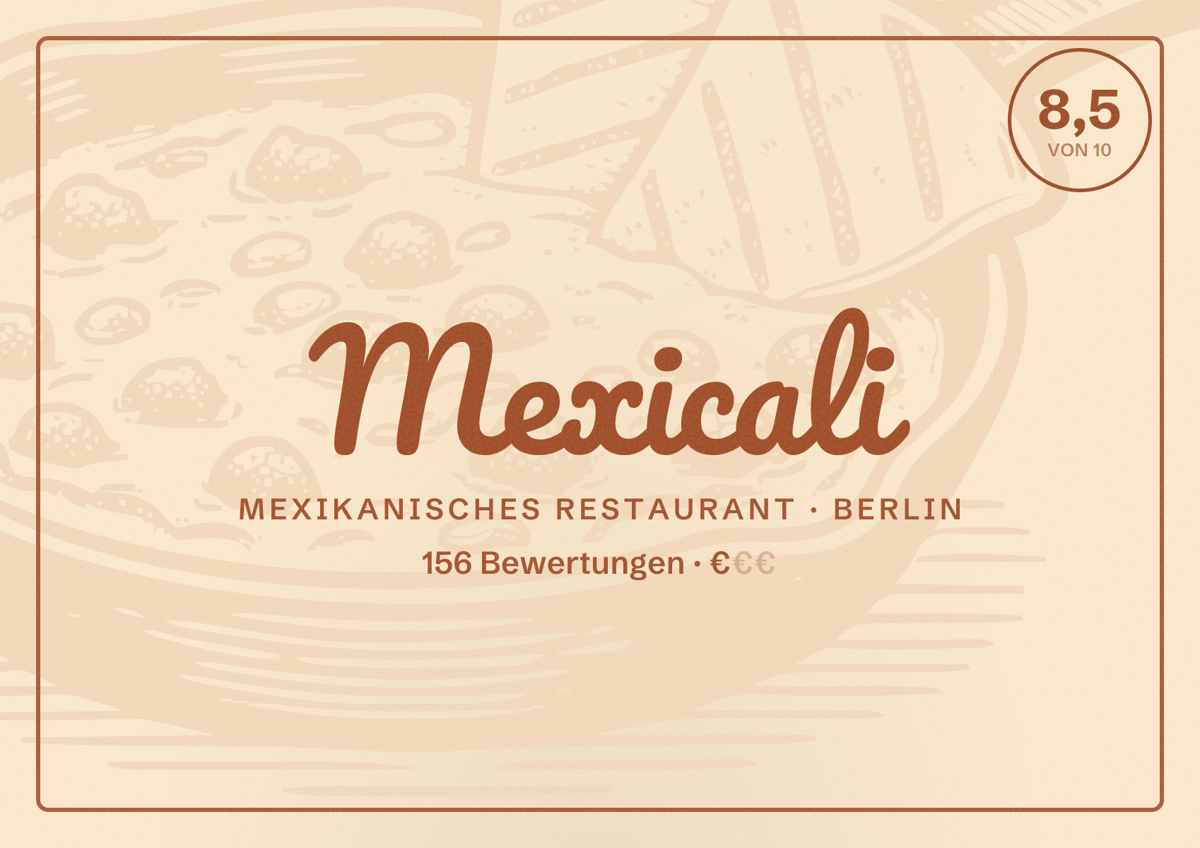 Illustriertes Poster von Mexicali, Mexikanisches Restaurant in Berlin: Bewertung 8,5 von 10 aus 156 Bewertungen, Preisniveau €
