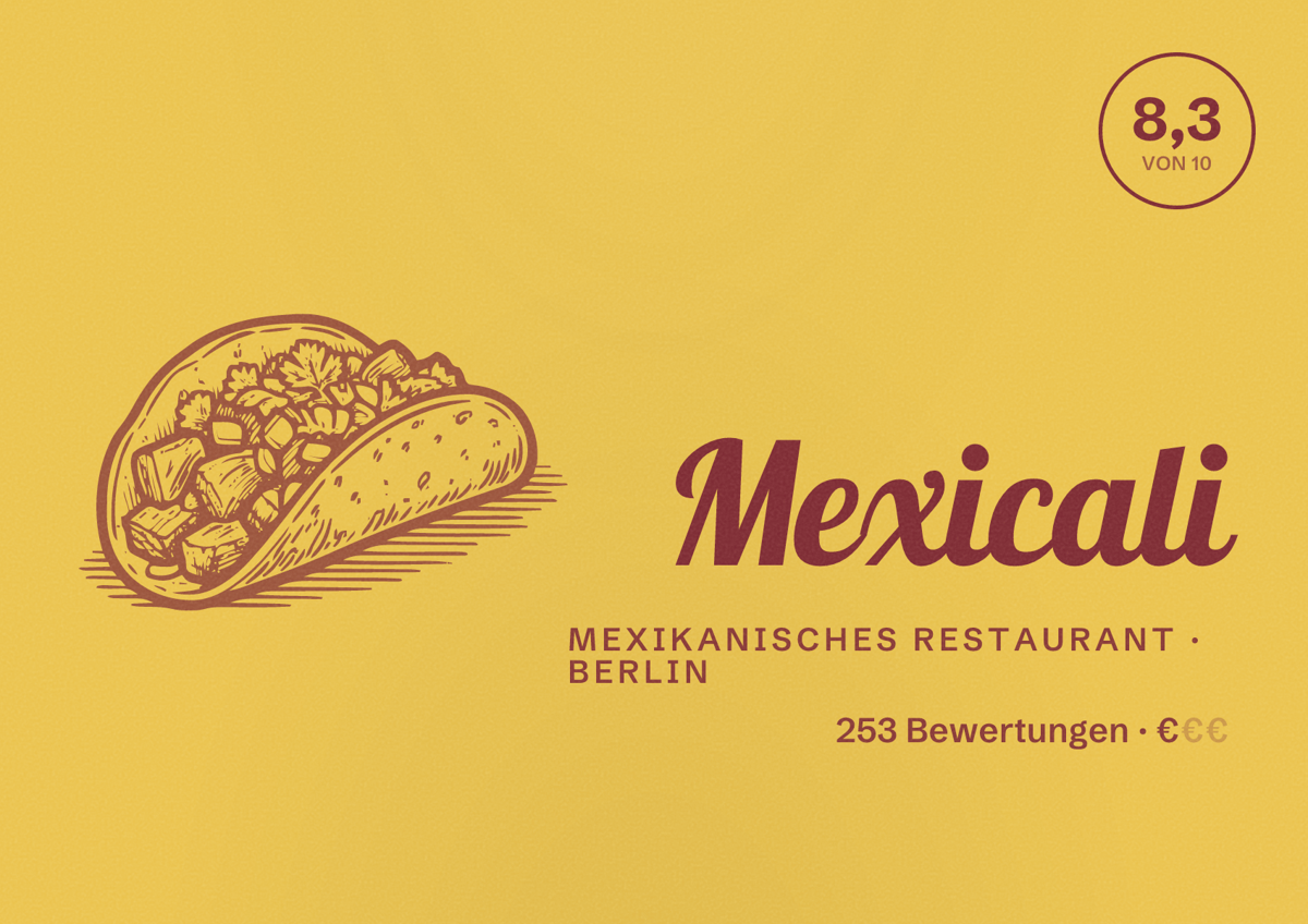Illustriertes Poster von Mexicali, Mexikanisches Restaurant in Berlin: Bewertung 8,3 von 10 aus 253 Bewertungen, Preisniveau €
