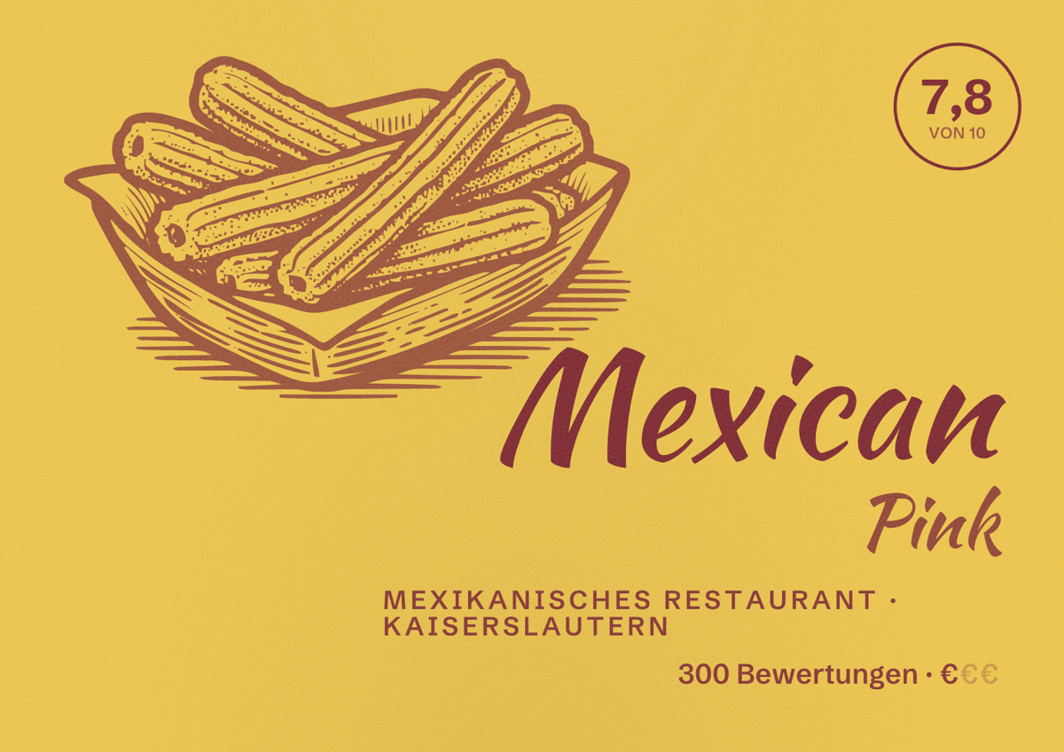 Illustriertes Poster von Mexican Pink, Mexikanisches Restaurant in Kaiserslautern: Bewertung 7,8 von 10 aus 300 Bewertungen, Preisniveau €
