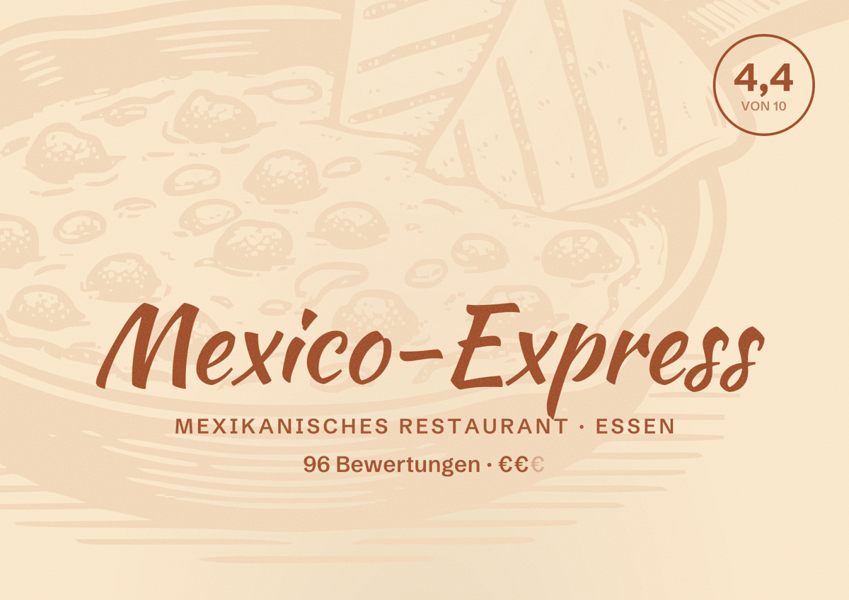 Illustriertes Poster von Mexico-Express, Mexikanisches Restaurant in Essen: Bewertung 4,4 von 10 aus 96 Bewertungen, Preisniveau €€