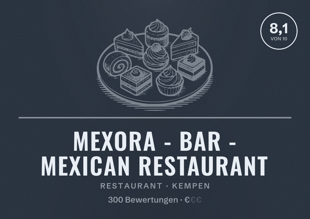 Illustriertes Poster von Mexora - Bar - Mexican Restaurant, Restaurant in Kempen: Bewertung 8,1 von 10 aus 300 Bewertungen, Preisniveau €