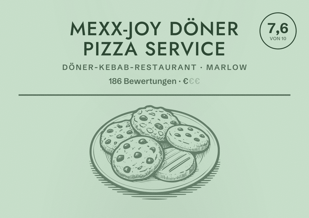 Illustriertes Poster von Mexx-Joy Döner Pizza Service, Döner-Kebab-Restaurant in Marlow: Bewertung 7,6 von 10 aus 186 Bewertungen, Preisniveau €