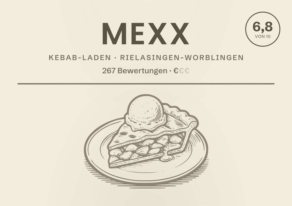 Illustriertes Poster von Mexx, Kebab-Laden in Rielasingen-Worblingen: Bewertung 6,8 von 10 aus 267 Bewertungen, Preisniveau €