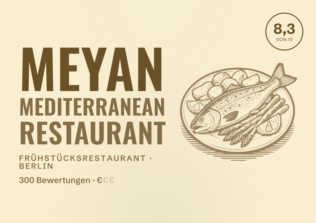 Illustriertes Poster von Meyan Mediterranean Restaurant, Frühstücksrestaurant in Berlin: Bewertung 8,3 von 10 aus 300 Bewertungen, Preisniveau €