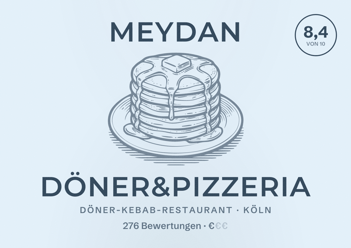 Illustriertes Poster von Meydan Döner&Pizzeria, Döner-Kebab-Restaurant in Köln: Bewertung 8,4 von 10 aus 276 Bewertungen, Preisniveau €