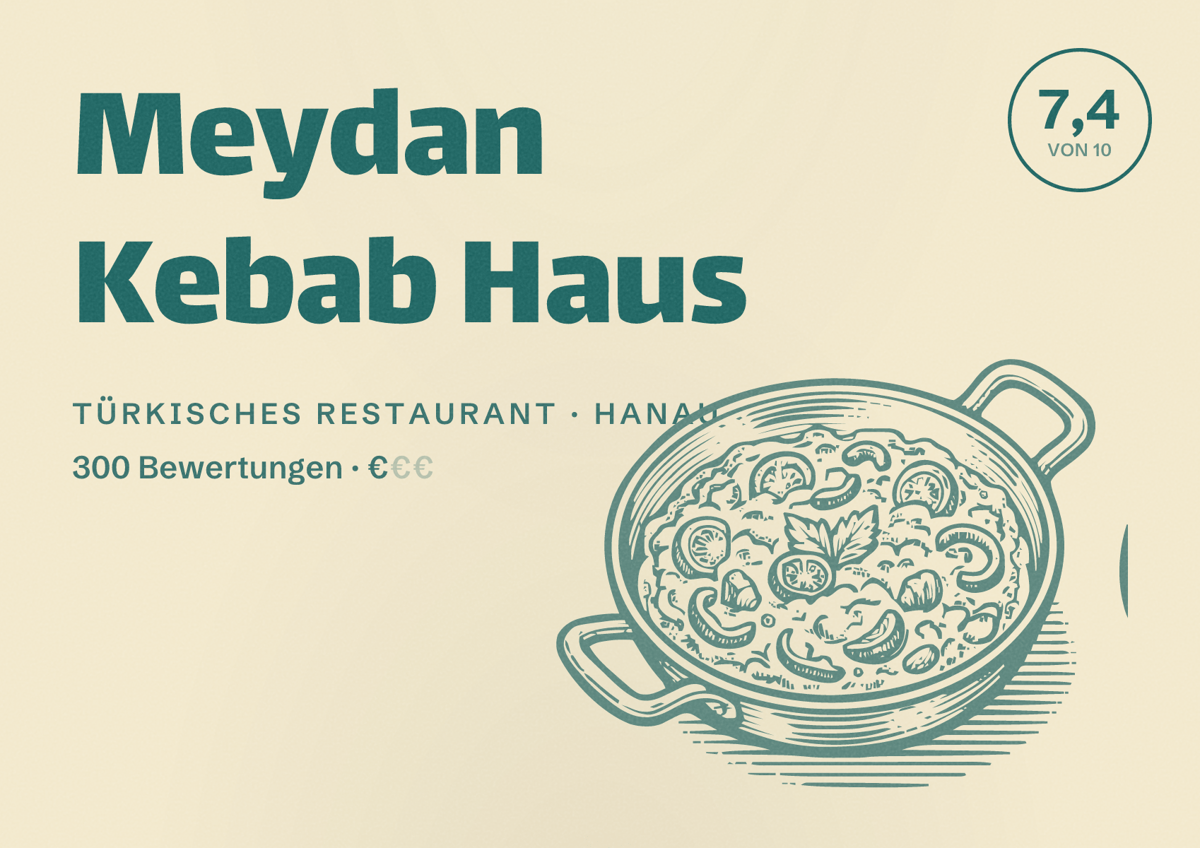 Illustriertes Poster von Meydan Kebab Haus, Türkisches Restaurant in Hanau: Bewertung 7,4 von 10 aus 300 Bewertungen, Preisniveau €