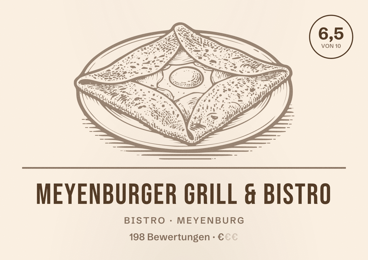 Illustriertes Poster von Meyenburger Grill & Bistro, Bistro in Meyenburg: Bewertung 6,5 von 10 aus 198 Bewertungen, Preisniveau €