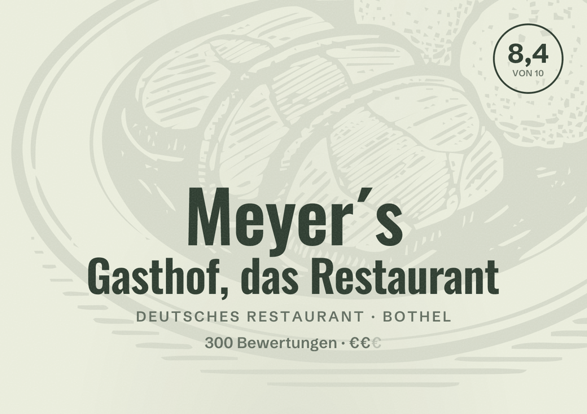 Illustriertes Poster von Meyer´s Gasthof, das Restaurant, Deutsches Restaurant in Bothel: Bewertung 8,4 von 10 aus 300 Bewertungen, Preisniveau €€