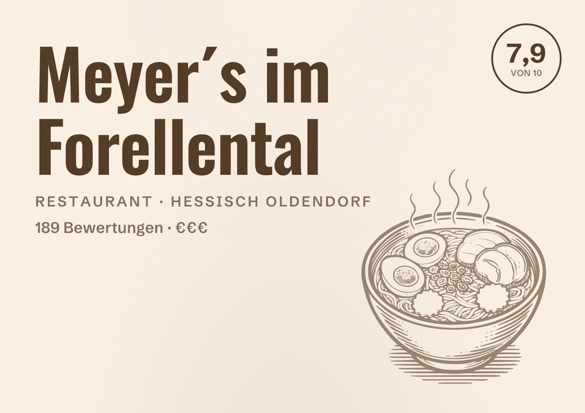 Illustriertes Poster von Meyer´s im Forellental, Restaurant in Hessisch Oldendorf: Bewertung 7,9 von 10 aus 189 Bewertungen, Preisniveau €€€