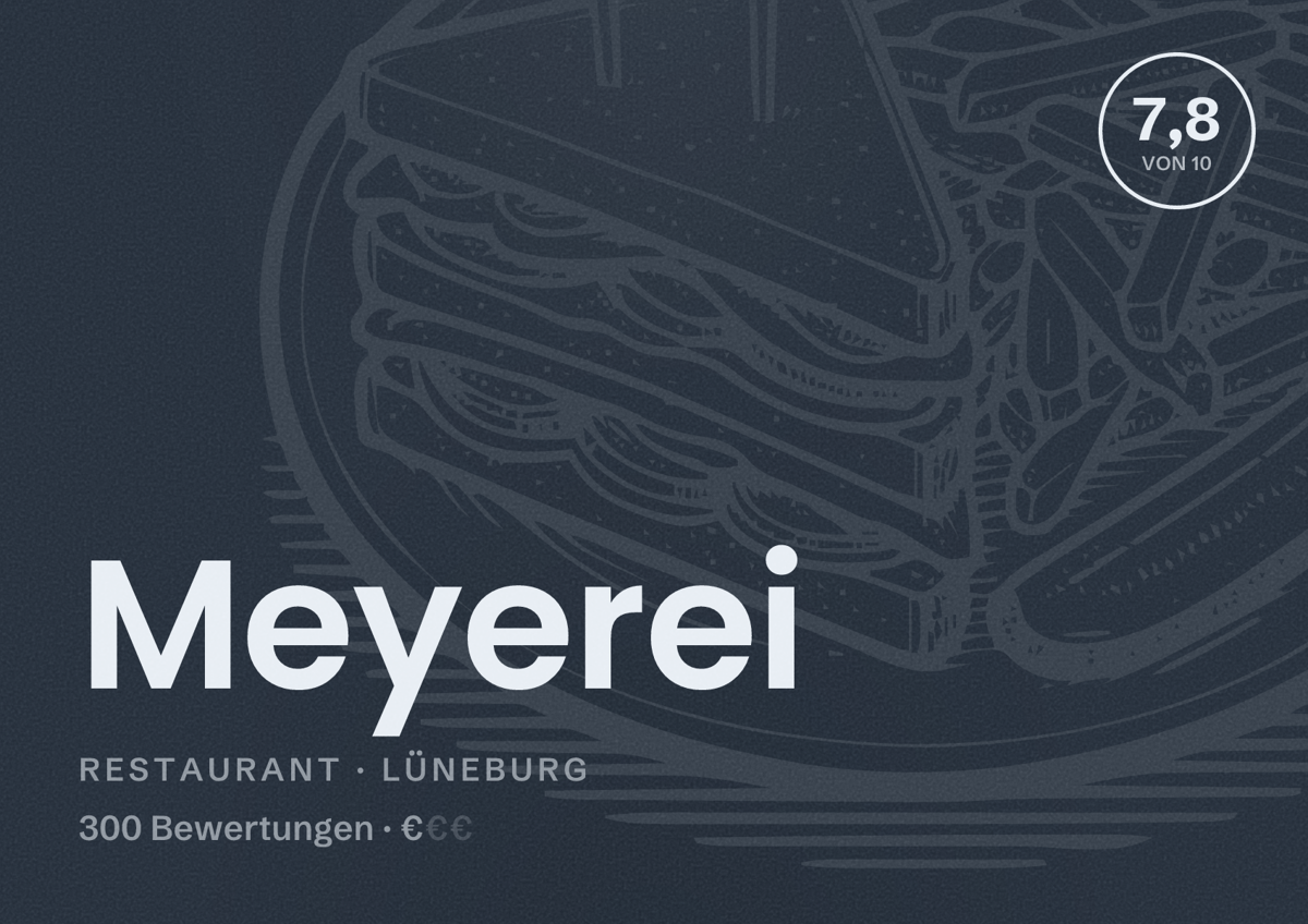 Illustriertes Poster von Meyerei, Restaurant in Lüneburg: Bewertung 7,8 von 10 aus 300 Bewertungen, Preisniveau €