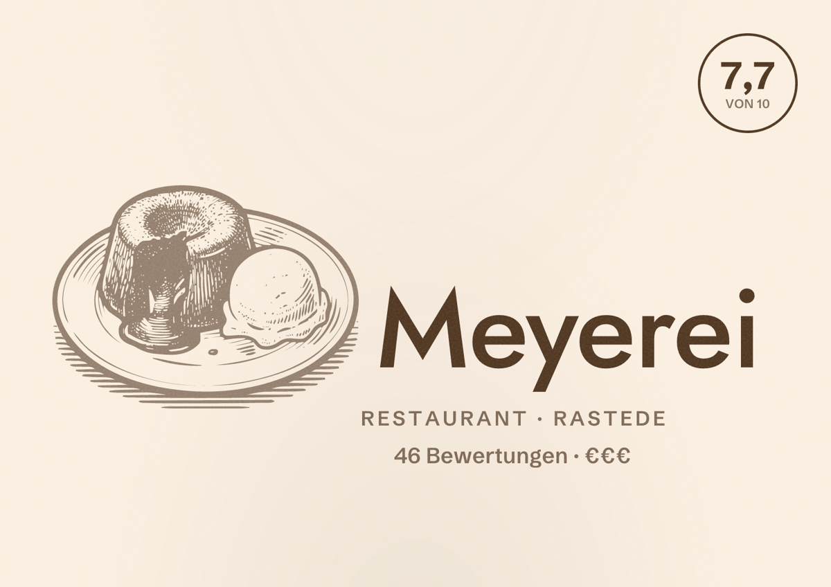 Illustriertes Poster von Meyerei, Restaurant in Rastede: Bewertung 7,7 von 10 aus 46 Bewertungen, Preisniveau €€€