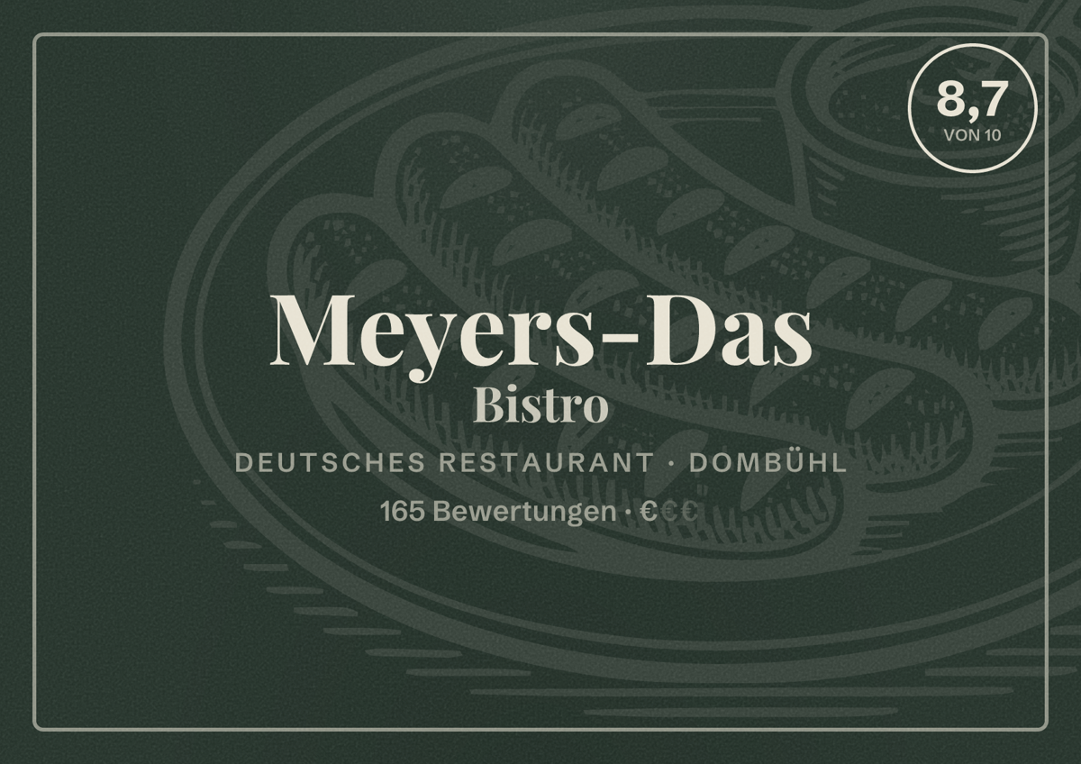 Illustriertes Poster von Meyers-Das Bistro, Deutsches Restaurant in Dombühl: Bewertung 8,7 von 10 aus 165 Bewertungen, Preisniveau €