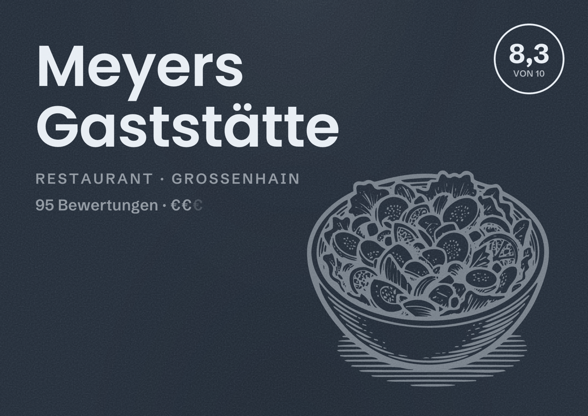 Illustriertes Poster von Meyers Gaststätte, Restaurant in Großenhain: Bewertung 8,3 von 10 aus 95 Bewertungen, Preisniveau €€