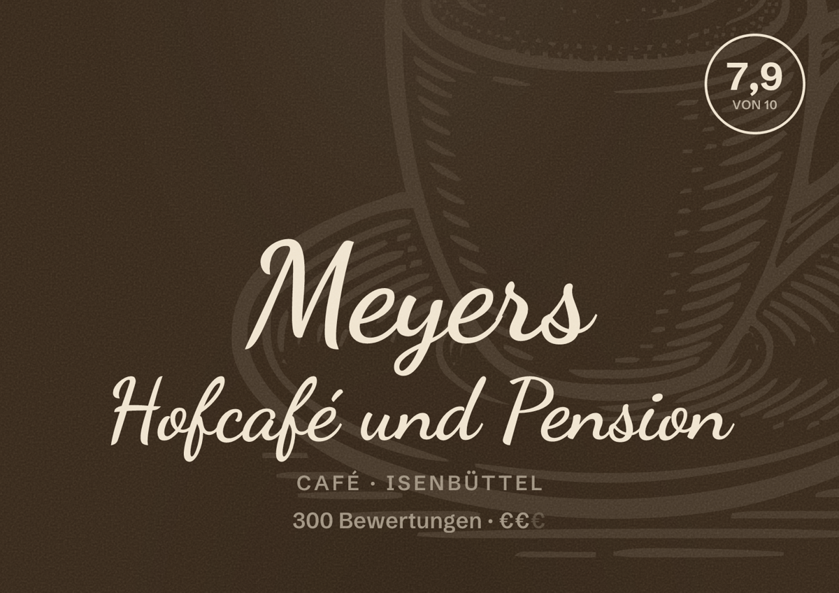 Illustriertes Poster von Meyers Hofcafé und Pension, Café in Isenbüttel: Bewertung 7,9 von 10 aus 300 Bewertungen, Preisniveau €€