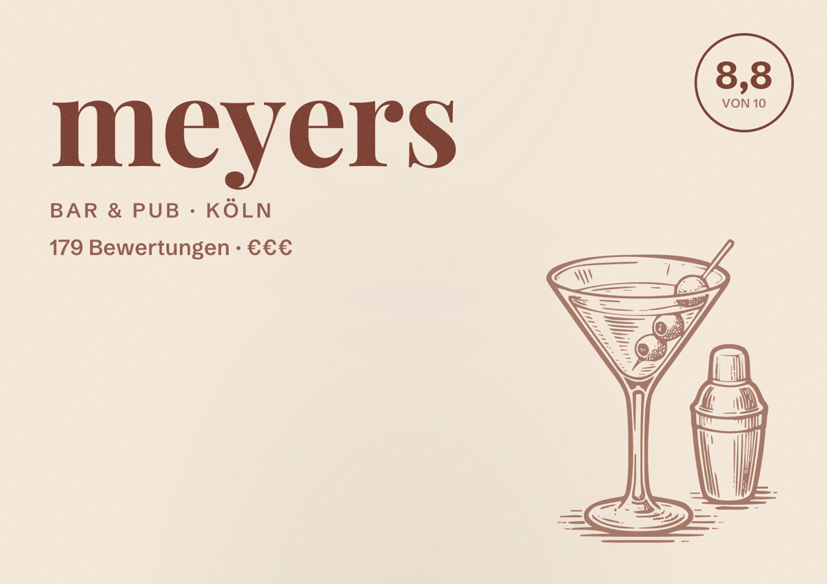 Illustriertes Poster von meyers, Bar & Pub in Köln: Bewertung 8,8 von 10 aus 179 Bewertungen, Preisniveau €€€