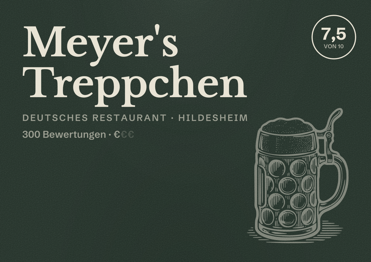 Illustriertes Poster von Meyer's Treppchen, Deutsches Restaurant in Hildesheim: Bewertung 7,5 von 10 aus 300 Bewertungen, Preisniveau €