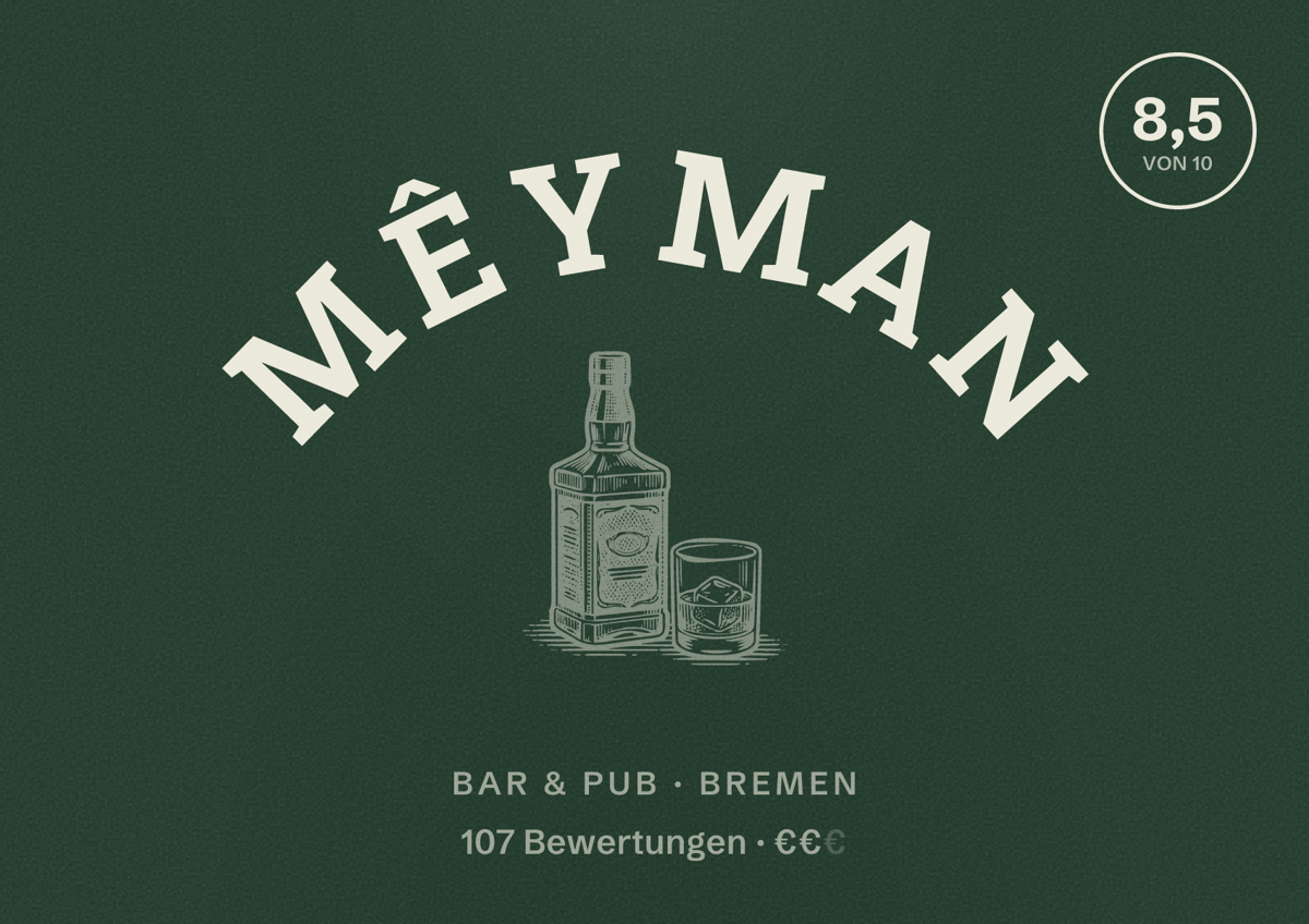 Illustriertes Poster von Mêyman, Bar & Pub in Bremen: Bewertung 8,5 von 10 aus 107 Bewertungen, Preisniveau €€