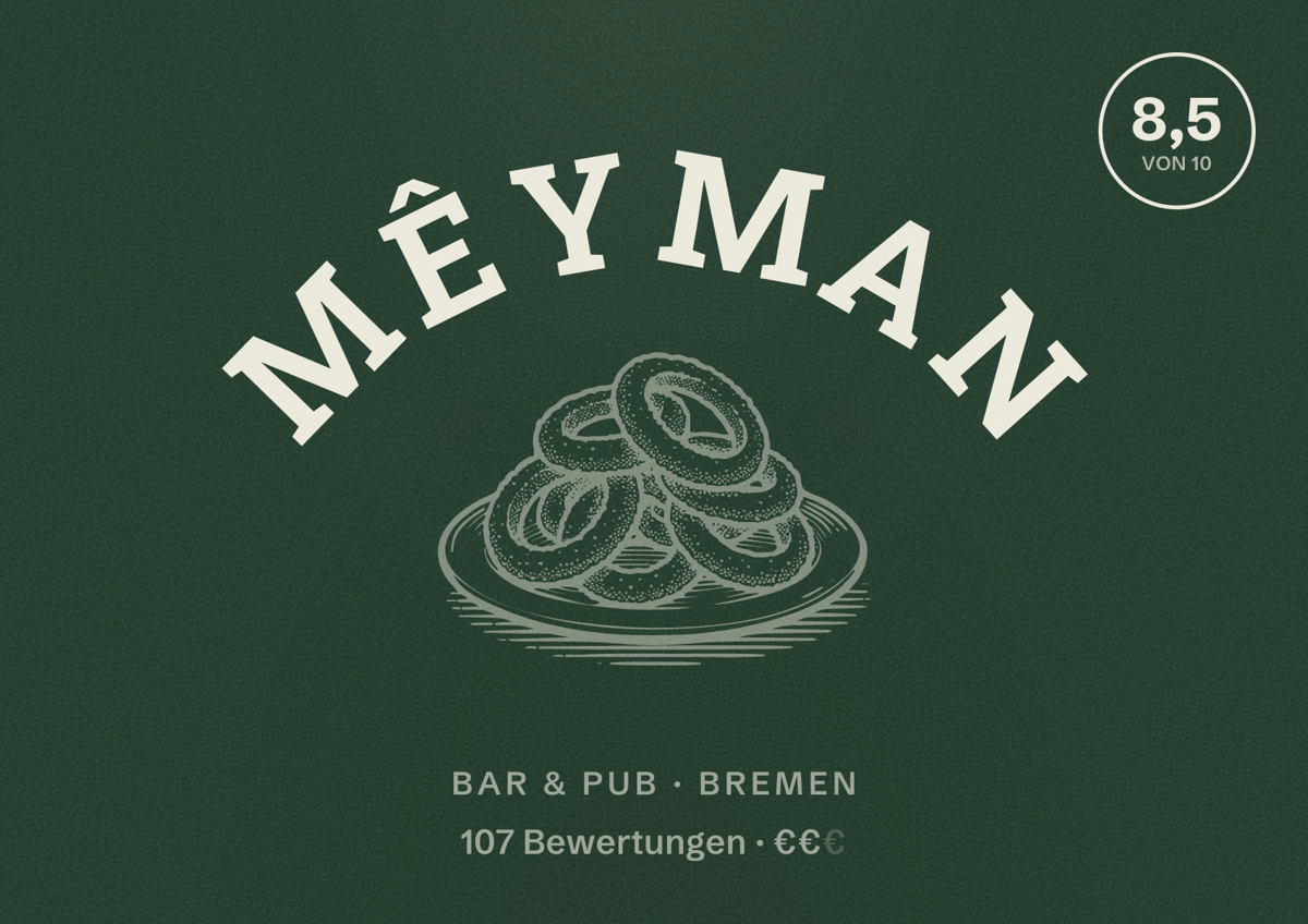 Illustriertes Poster von Mêyman, Bar & Pub in Bremen: Bewertung 8,5 von 10 aus 107 Bewertungen, Preisniveau €€