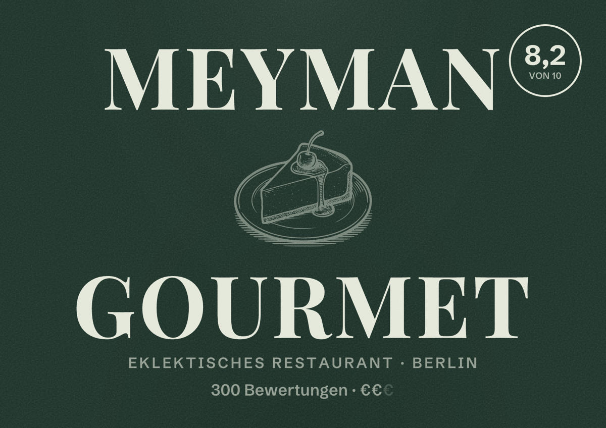 Illustriertes Poster von Meyman Gourmet, Eklektisches Restaurant in Berlin: Bewertung 8,2 von 10 aus 300 Bewertungen, Preisniveau €€
