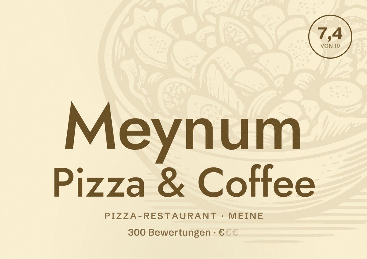 Illustriertes Poster von Meynum Pizza & Coffee, Pizza-Restaurant in Meine: Bewertung 7,4 von 10 aus 300 Bewertungen, Preisniveau €
