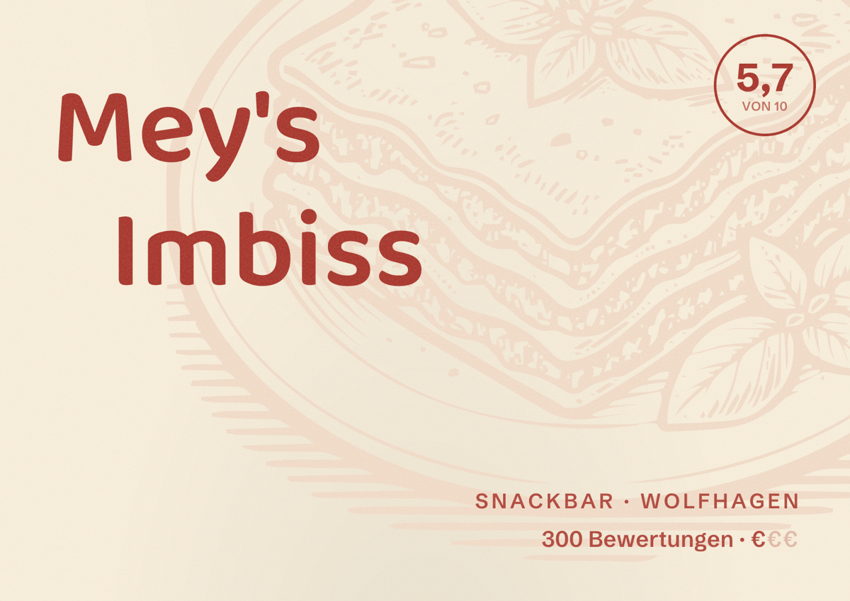 Illustriertes Poster von Mey's Imbiss, Snackbar in Wolfhagen: Bewertung 5,7 von 10 aus 300 Bewertungen, Preisniveau €