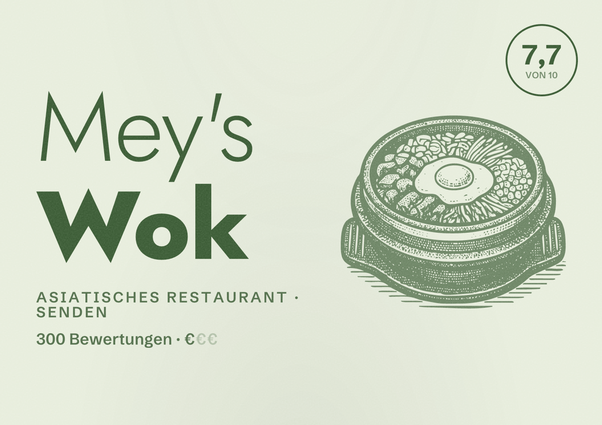 Illustriertes Poster von Mey's Wok, Asiatisches Restaurant in Senden: Bewertung 7,7 von 10 aus 300 Bewertungen, Preisniveau €