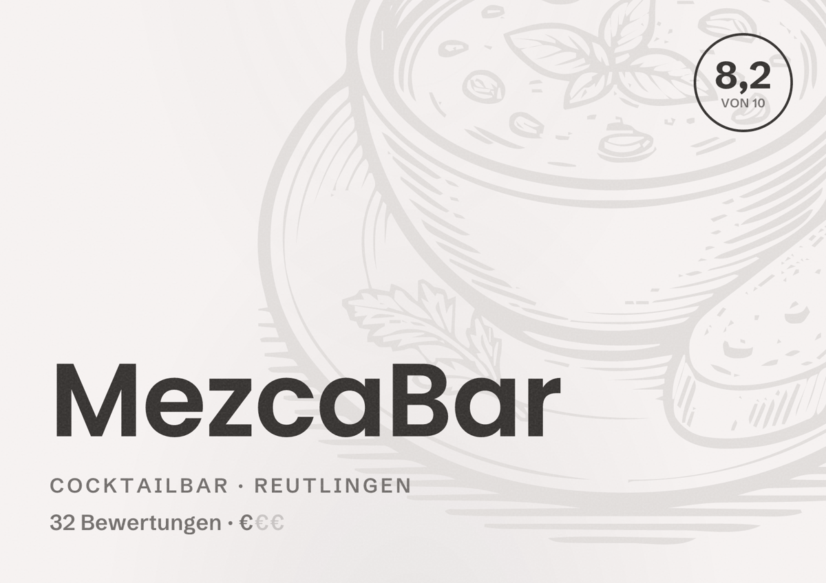 Illustriertes Poster von MezcaBar, Cocktailbar in Reutlingen: Bewertung 8,2 von 10 aus 32 Bewertungen, Preisniveau €