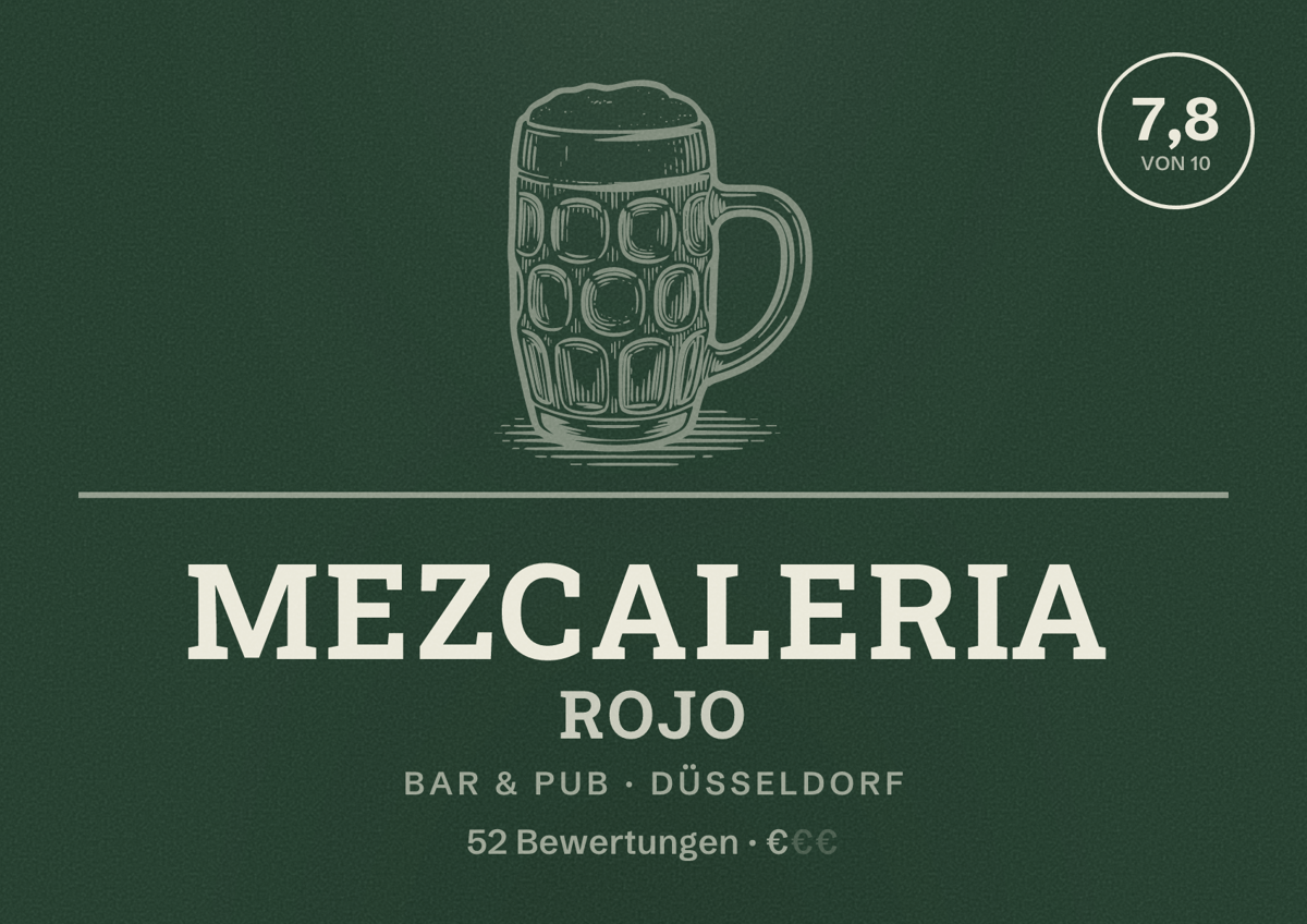 Illustriertes Poster von Mezcaleria Rojo, Bar & Pub in Düsseldorf: Bewertung 7,8 von 10 aus 52 Bewertungen, Preisniveau €
