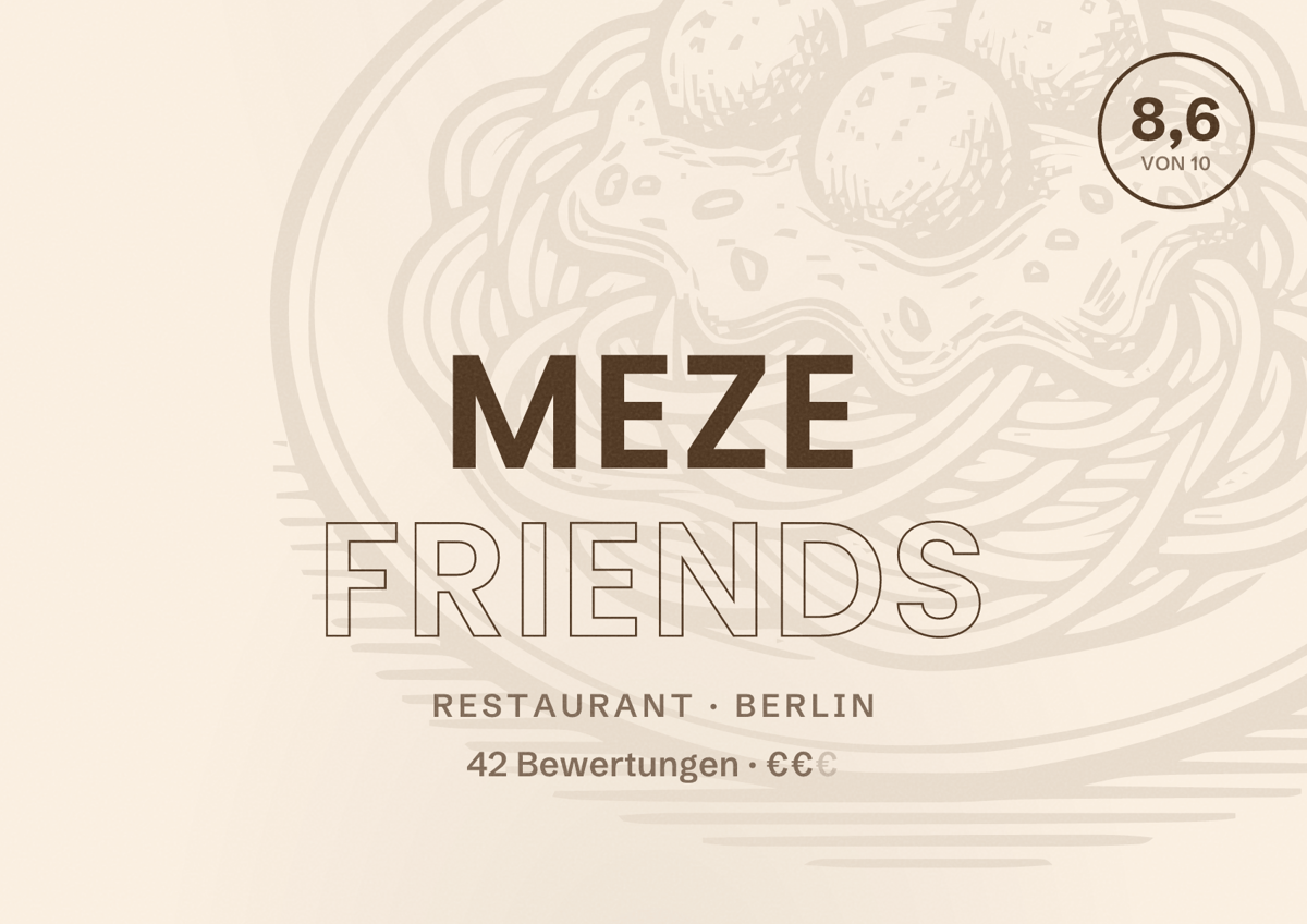Illustriertes Poster von Meze Friends, Restaurant in Berlin: Bewertung 8,6 von 10 aus 42 Bewertungen, Preisniveau €€