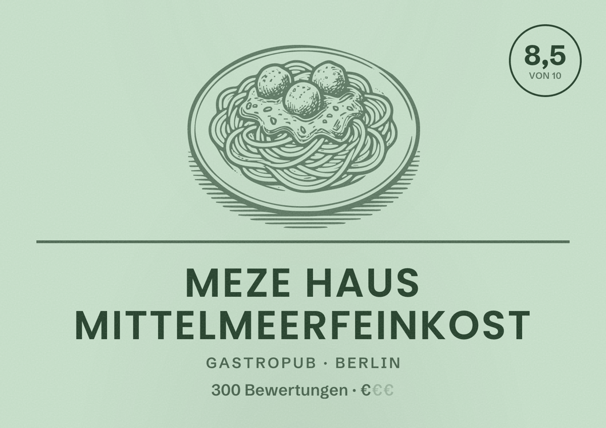 Illustriertes Poster von Meze Haus Mittelmeerfeinkost, Gastropub in Berlin: Bewertung 8,5 von 10 aus 300 Bewertungen, Preisniveau €