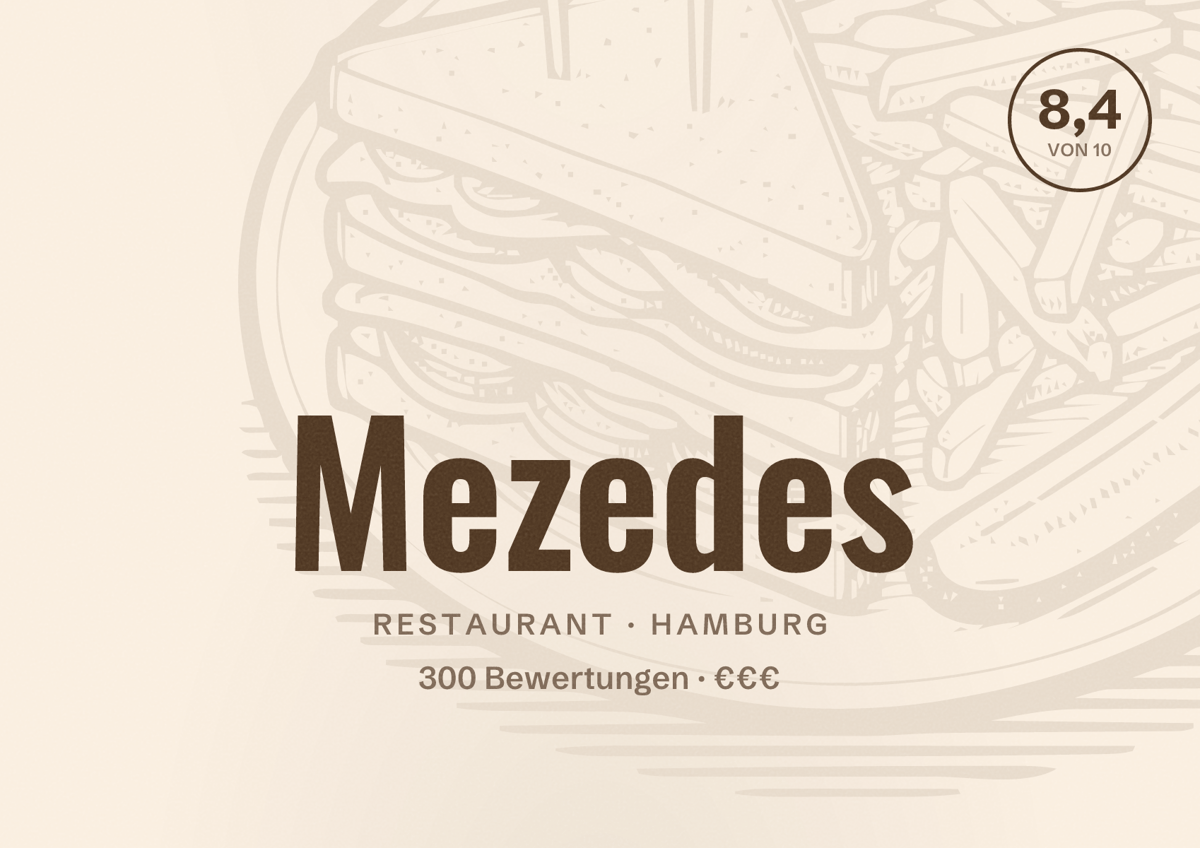 Illustriertes Poster von Mezedes, Restaurant in Hamburg: Bewertung 8,4 von 10 aus 300 Bewertungen, Preisniveau €€€