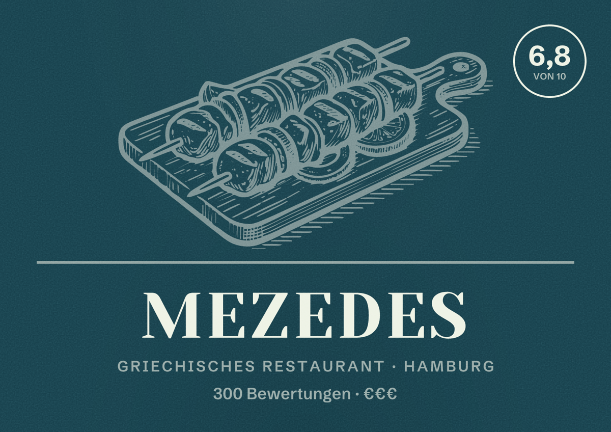 Illustriertes Poster von Mezedes, Griechisches Restaurant in Hamburg: Bewertung 6,8 von 10 aus 300 Bewertungen, Preisniveau €€€