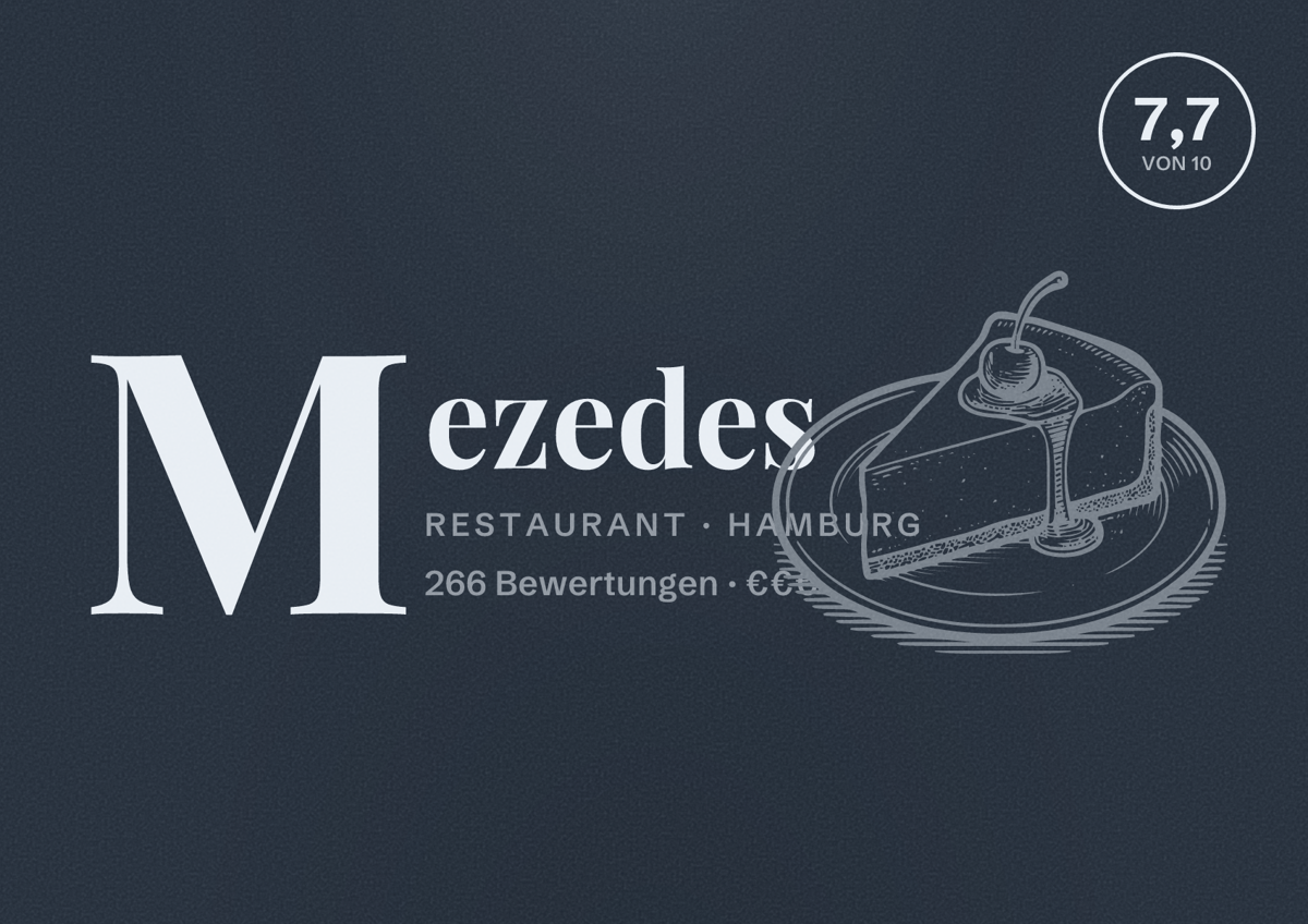Illustriertes Poster von Mezedes, Restaurant in Hamburg: Bewertung 7,7 von 10 aus 266 Bewertungen, Preisniveau €€€