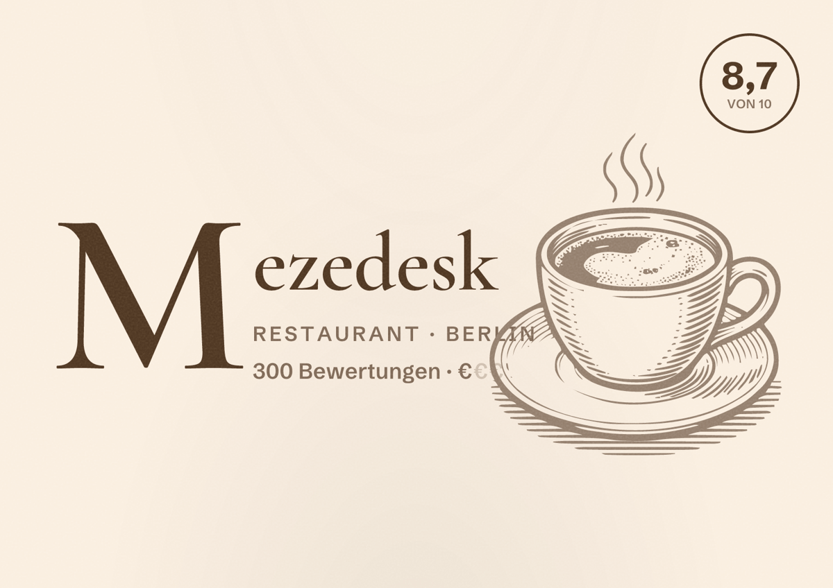 Illustriertes Poster von Mezedesk, Restaurant in Berlin: Bewertung 8,7 von 10 aus 300 Bewertungen, Preisniveau €