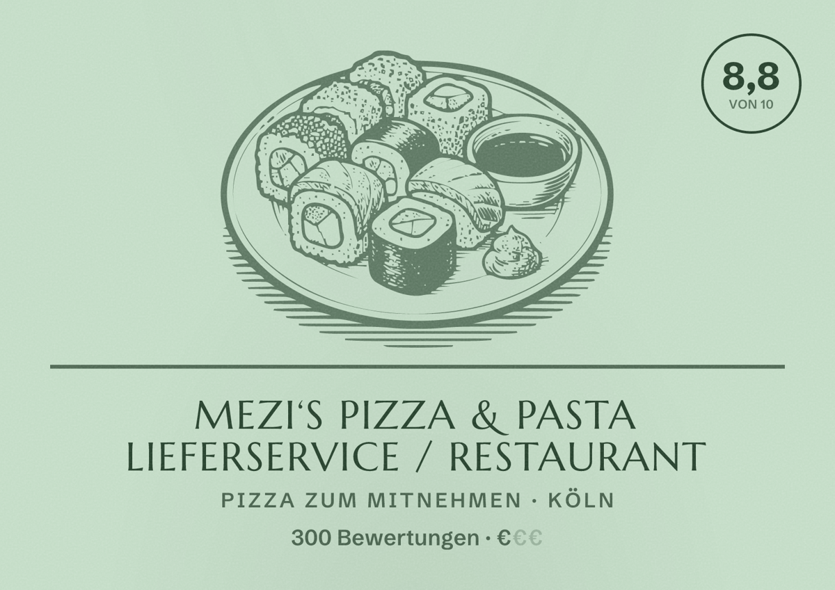 Illustriertes Poster von Mezi‘s Pizza & Pasta Lieferservice / Restaurant, Pizza zum Mitnehmen in Köln: Bewertung 8,8 von 10 aus 300 Bewertungen, Preisniveau €