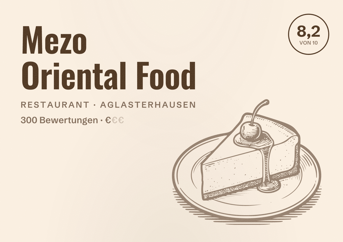 Illustriertes Poster von Mezo Oriental Food, Restaurant in Aglasterhausen: Bewertung 8,2 von 10 aus 300 Bewertungen, Preisniveau €