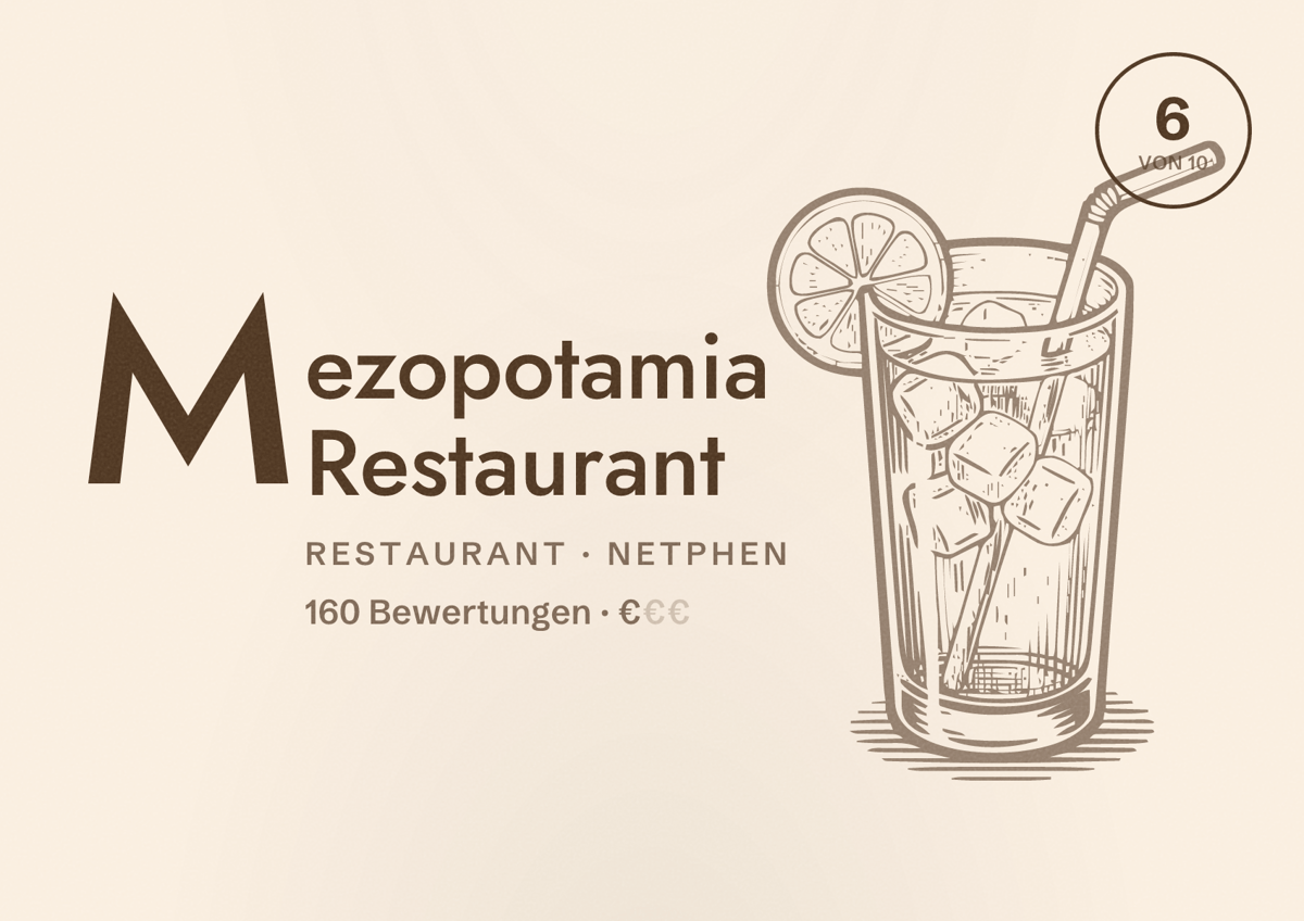 Illustriertes Poster von Mezopotamia Restaurant, Restaurant in Netphen: Bewertung 6 von 10 aus 160 Bewertungen, Preisniveau €