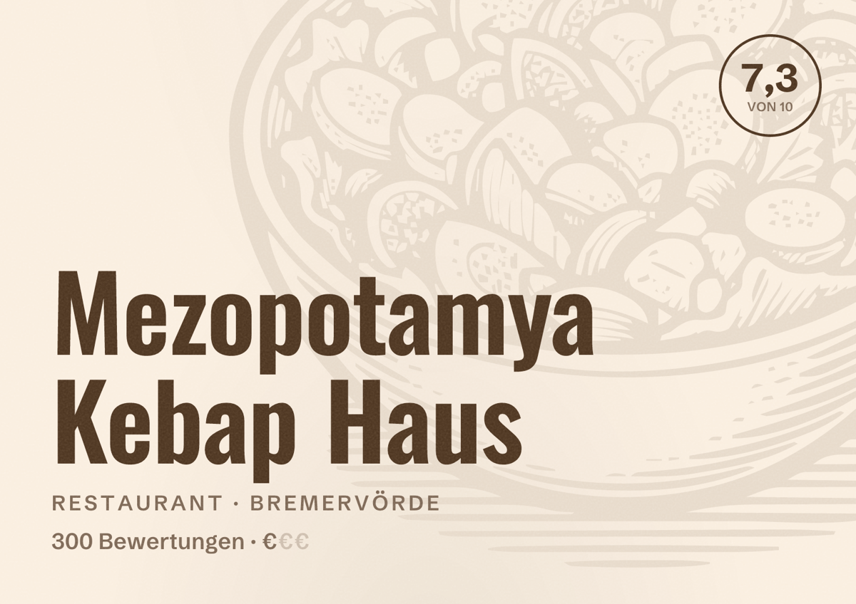 Illustriertes Poster von Mezopotamya Kebap Haus, Restaurant in Bremervörde: Bewertung 7,3 von 10 aus 300 Bewertungen, Preisniveau €