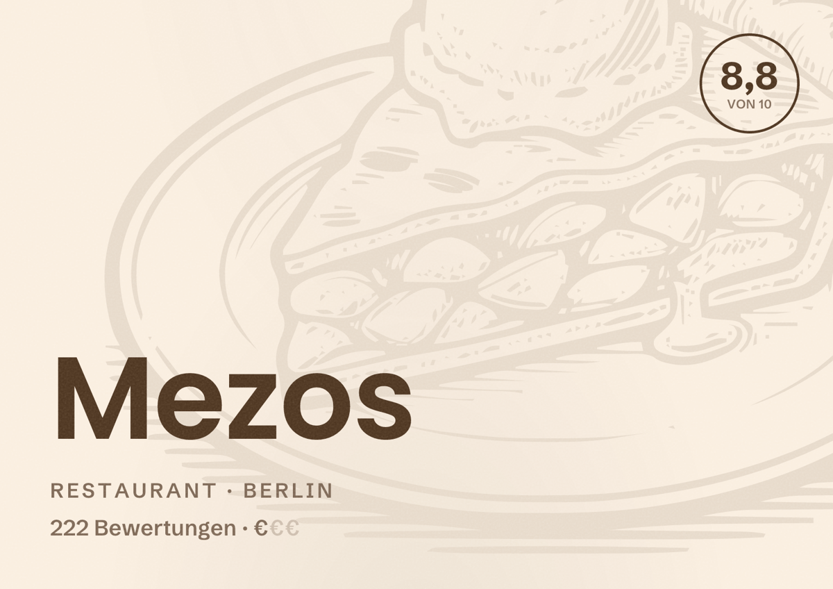 Illustriertes Poster von Mezos, Restaurant in Berlin: Bewertung 8,8 von 10 aus 222 Bewertungen, Preisniveau €