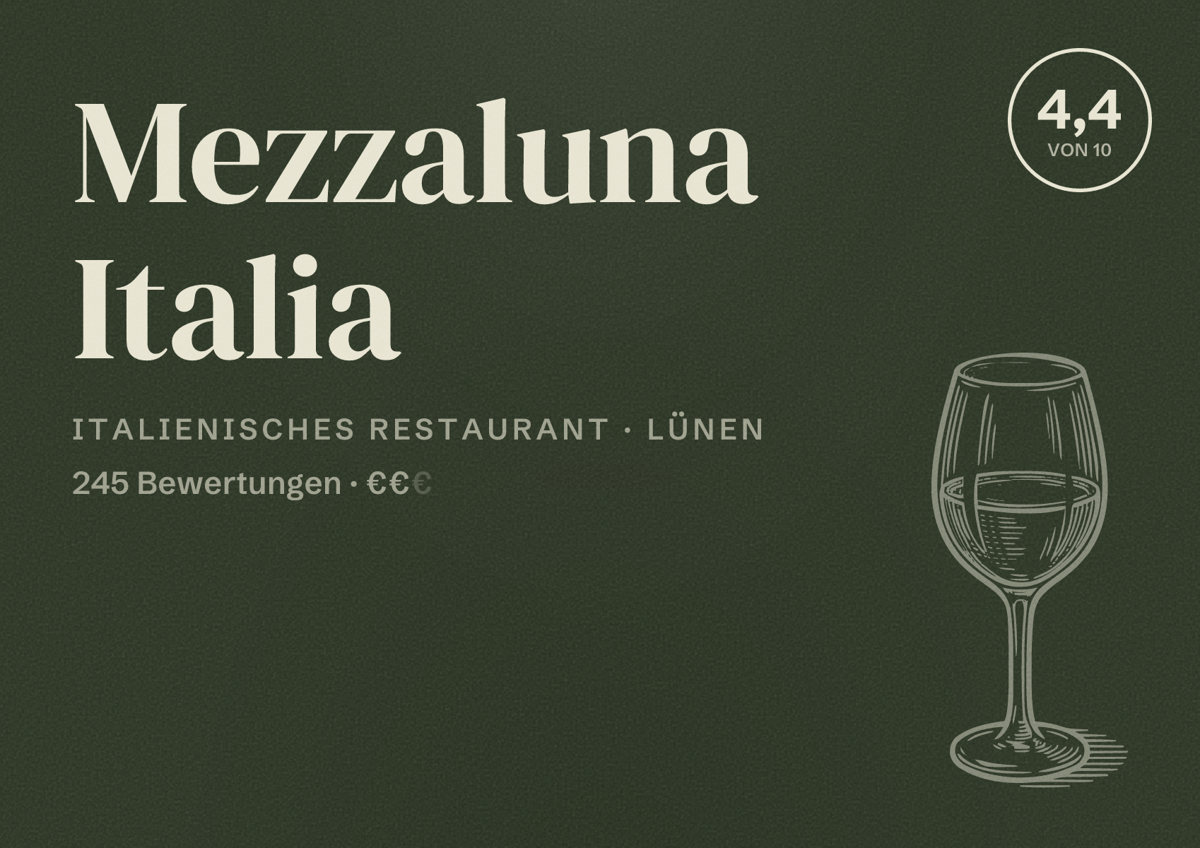 Illustriertes Poster von Mezzaluna Italia, Italienisches Restaurant in Lünen: Bewertung 4,4 von 10 aus 245 Bewertungen, Preisniveau €€