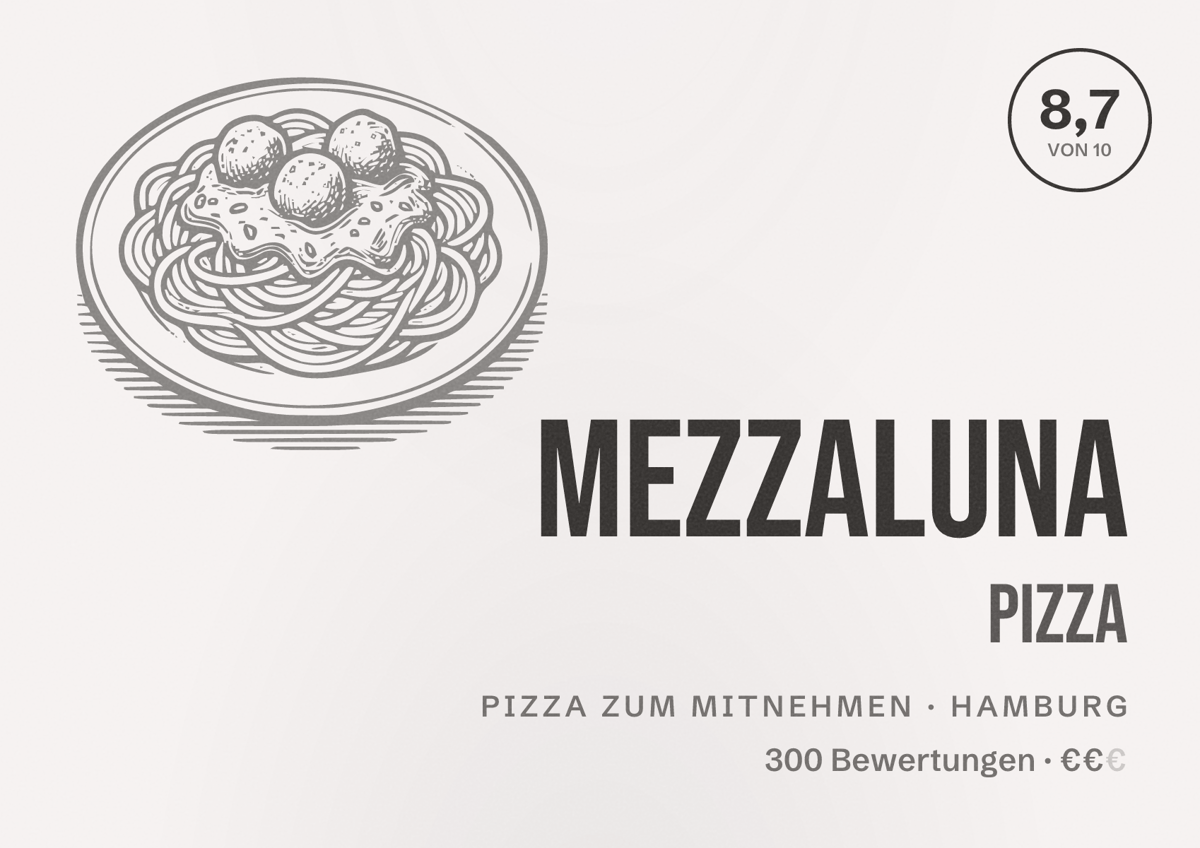 Illustriertes Poster von Mezzaluna Pizza, Pizza zum Mitnehmen in Hamburg: Bewertung 8,7 von 10 aus 300 Bewertungen, Preisniveau €€