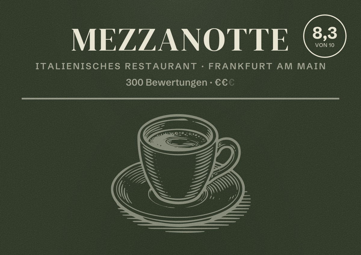 Illustriertes Poster von Mezzanotte, Italienisches Restaurant in Frankfurt am Main: Bewertung 8,3 von 10 aus 300 Bewertungen, Preisniveau €€