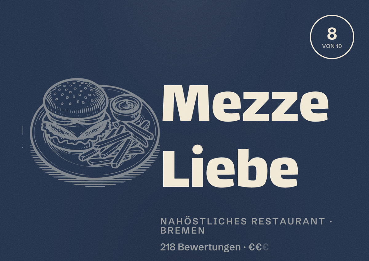 Illustriertes Poster von Mezze Liebe, Nahöstliches Restaurant in Bremen: Bewertung 8 von 10 aus 218 Bewertungen, Preisniveau €€