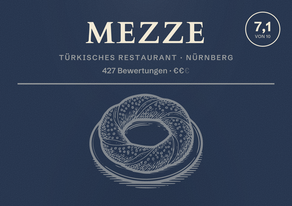 Illustriertes Poster von Mezze, Türkisches Restaurant in Nürnberg: Bewertung 7,1 von 10 aus 427 Bewertungen, Preisniveau €€