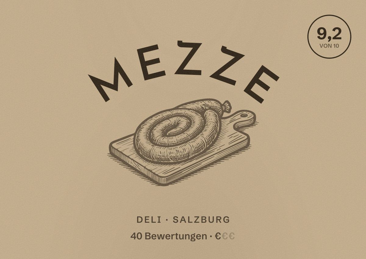 Illustriertes Poster von Mezze, Deli in Salzburg: Bewertung 9,2 von 10 aus 40 Bewertungen, Preisniveau €