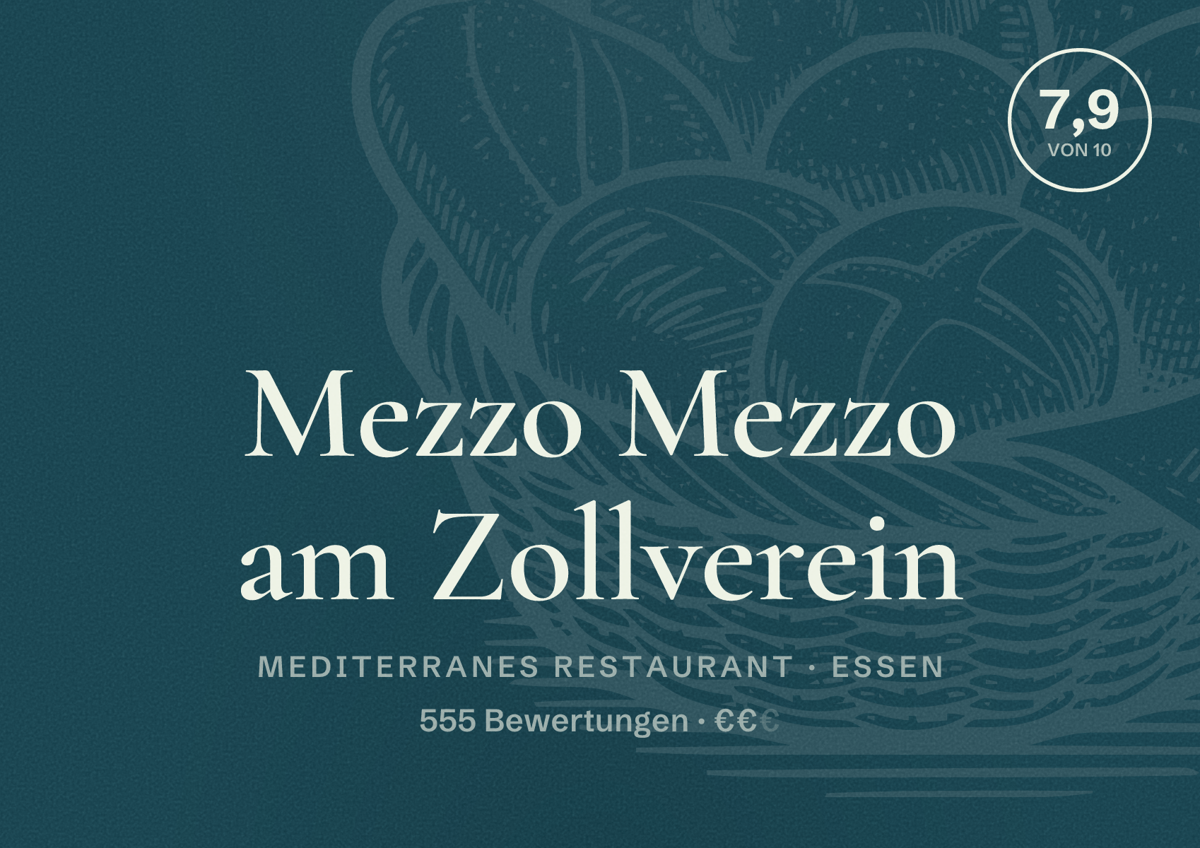 Illustriertes Poster von Mezzo Mezzo am Zollverein, Mediterranes Restaurant in Essen: Bewertung 7,9 von 10 aus 555 Bewertungen, Preisniveau €€