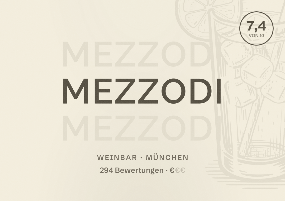 Illustriertes Poster von Mezzodi, Weinbar in München: Bewertung 7,4 von 10 aus 294 Bewertungen, Preisniveau €