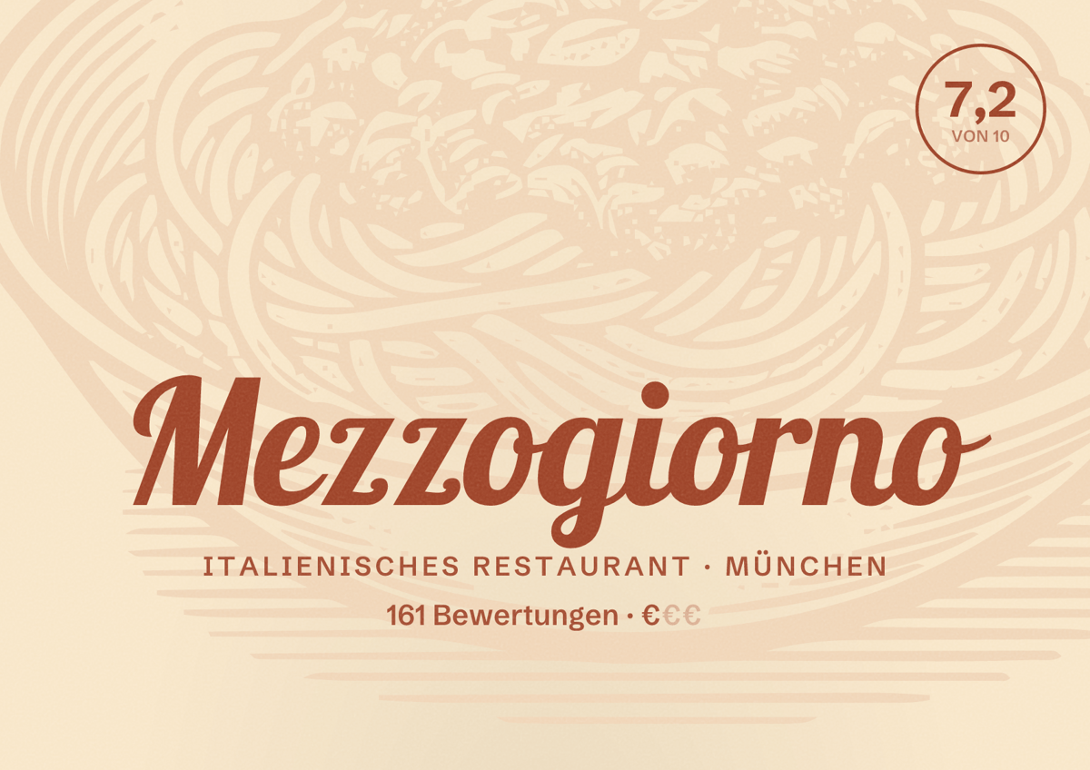 Illustriertes Poster von Mezzogiorno, Italienisches Restaurant in München: Bewertung 7,2 von 10 aus 161 Bewertungen, Preisniveau €