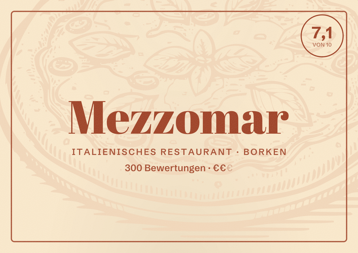 Illustriertes Poster von Mezzomar, Italienisches Restaurant in Borken: Bewertung 7,1 von 10 aus 300 Bewertungen, Preisniveau €€