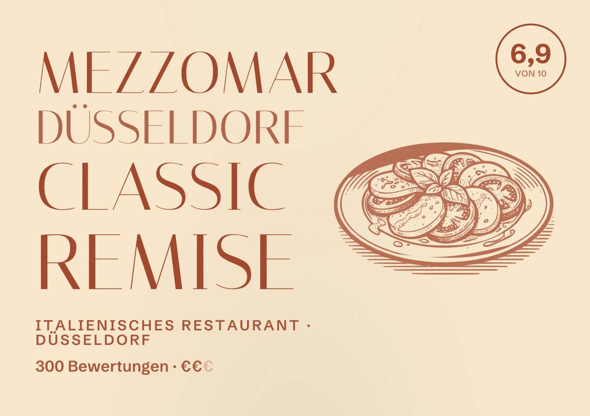 Illustriertes Poster von Mezzomar Düsseldorf Classic Remise, Italienisches Restaurant in Düsseldorf: Bewertung 6,9 von 10 aus 300 Bewertungen, Preisniveau €€